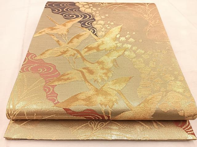 平和屋着物◎全通柄袋帯　飛鶴流水文　金糸　正絹　逸品　BAAV4583yc