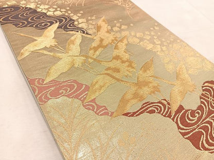 平和屋着物◎全通柄袋帯　飛鶴流水文　金糸　正絹　逸品　BAAV4583yc