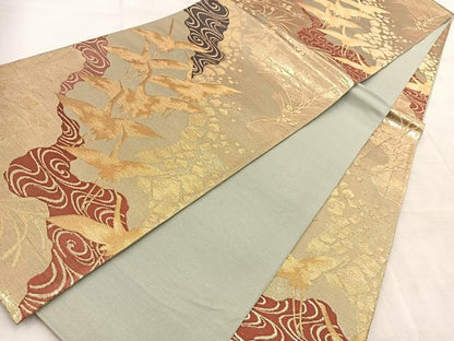 平和屋着物◎全通柄袋帯　飛鶴流水文　金糸　正絹　逸品　BAAV4583yc