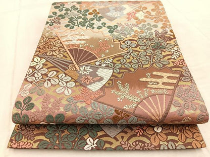 平和屋着物●六通柄袋帯 唐織 扇秋草文 正絹 逸品 未使用 BAAV4584yc