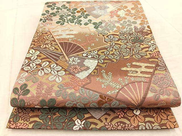 平和屋着物●六通柄袋帯 唐織 扇秋草文 正絹 逸品 未使用 BAAV4584yc