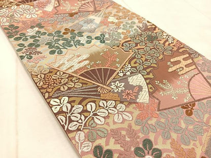 平和屋着物●六通柄袋帯 唐織 扇秋草文 正絹 逸品 未使用 BAAV4584yc