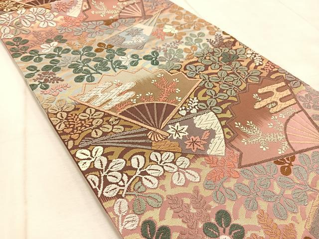 平和屋着物●六通柄袋帯 唐織 扇秋草文 正絹 逸品 未使用 BAAV4584yc