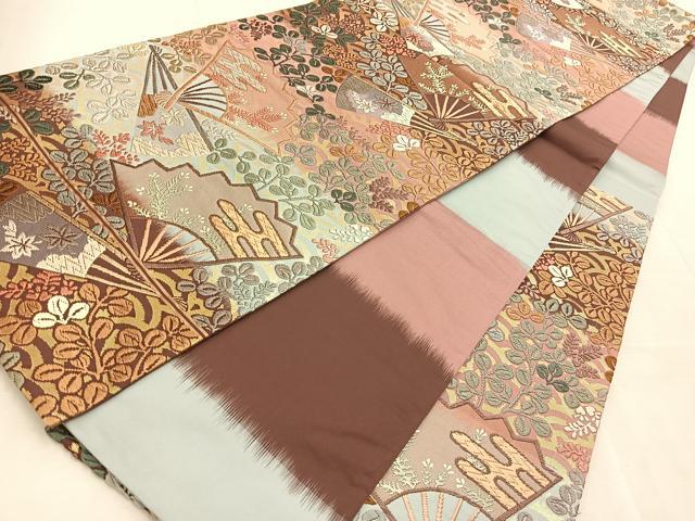 平和屋着物●六通柄袋帯 唐織 扇秋草文 正絹 逸品 未使用 BAAV4584yc