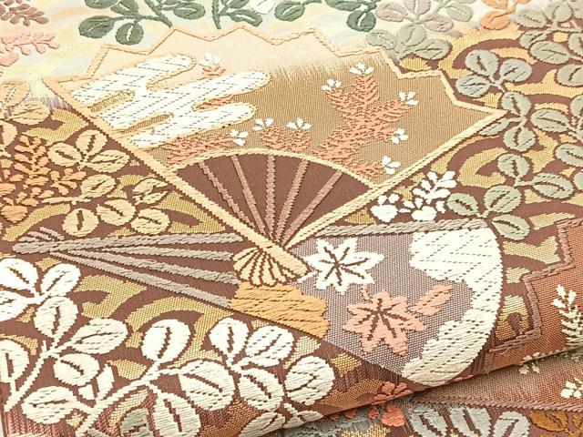 平和屋着物●六通柄袋帯 唐織 扇秋草文 正絹 逸品 未使用 BAAV4584yc