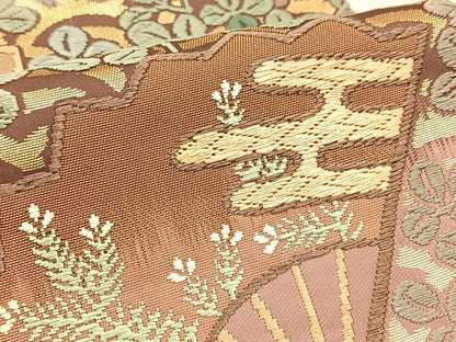 平和屋着物●六通柄袋帯 唐織 扇秋草文 正絹 逸品 未使用 BAAV4584yc