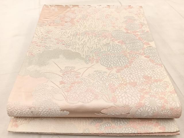 平和屋着物◎六通柄袋帯　唐織　籬風景花文　銀糸　正絹　逸品　BAAV4590yc