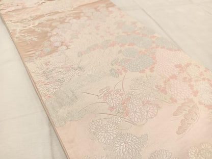 平和屋着物◎六通柄袋帯　唐織　籬風景花文　銀糸　正絹　逸品　BAAV4590yc