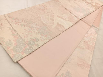 平和屋着物◎六通柄袋帯　唐織　籬風景花文　銀糸　正絹　逸品　BAAV4590yc