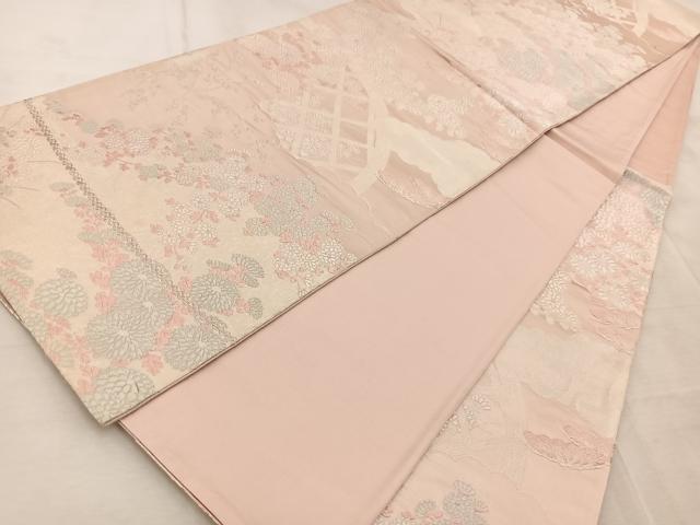 平和屋着物◎六通柄袋帯　唐織　籬風景花文　銀糸　正絹　逸品　BAAV4590yc