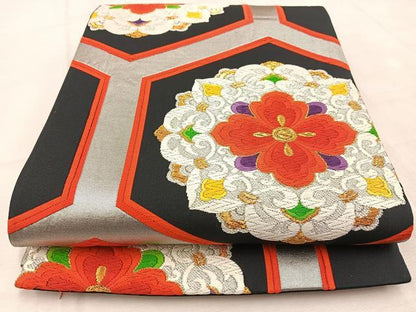 平和屋着物◎六通柄袋帯　唐織　亀甲正倉院花文　金銀糸　正絹　逸品　BAAV4602yc