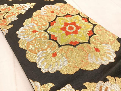 平和屋着物◎六通柄袋帯　唐織　正倉院花文　黒地　金銀糸　正絹　逸品　BAAV4611yc