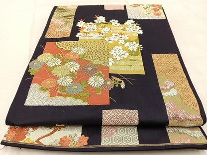 平和屋着物◎六通柄袋帯　唐織　短冊風景花文　金銀糸　正絹　逸品　BAAV4620yc