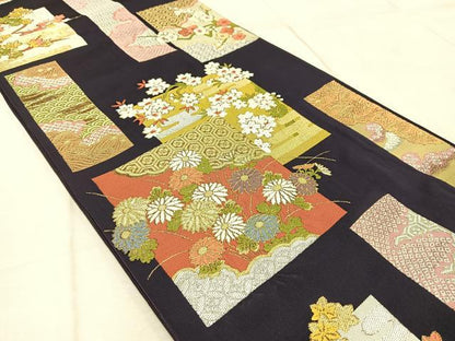 平和屋着物◎六通柄袋帯　唐織　短冊風景花文　金銀糸　正絹　逸品　BAAV4620yc