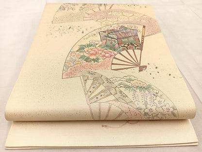平和屋着物◎太鼓柄袋帯 手描き 螺鈿箔 扇面御所車花文 金銀糸 引箔 正絹 逸品 BAAV4621yc