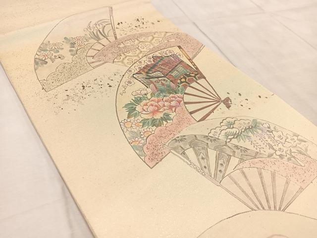 平和屋着物◎太鼓柄袋帯 手描き 螺鈿箔 扇面御所車花文 金銀糸 引箔 正絹 逸品 BAAV4621yc