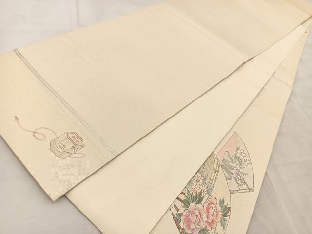 平和屋着物◎太鼓柄袋帯 手描き 螺鈿箔 扇面御所車花文 金銀糸 引箔 正絹 逸品 BAAV4621yc