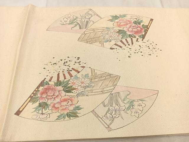 平和屋着物◎太鼓柄袋帯 手描き 螺鈿箔 扇面御所車花文 金銀糸 引箔 正絹 逸品 BAAV4621yc