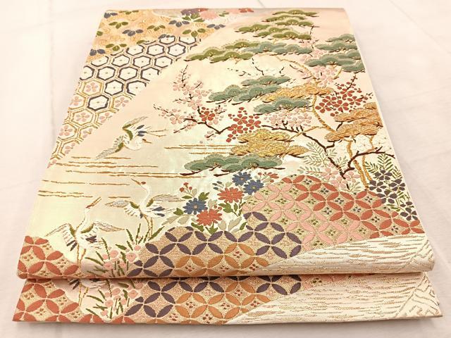 平和屋着物◎六通柄袋帯 唐織 飛鶴吉祥草花文 金銀糸 正絹 逸品 BAAV4624yc