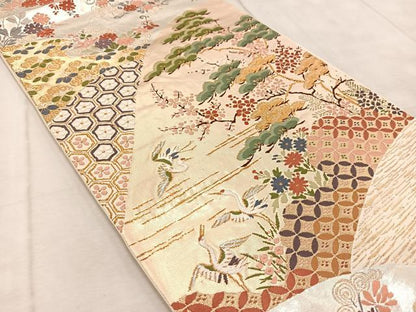 平和屋着物◎六通柄袋帯 唐織 飛鶴吉祥草花文 金銀糸 正絹 逸品 BAAV4624yc