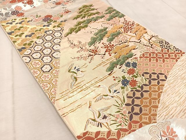 平和屋着物◎六通柄袋帯 唐織 飛鶴吉祥草花文 金銀糸 正絹 逸品 BAAV4624yc