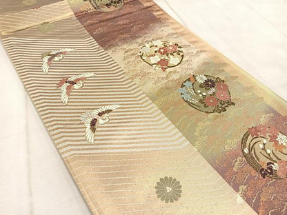 平和屋着物◎六通柄袋帯 唐織 飛鶴花丸文 金銀糸 正絹 逸品 BAAV4629yc