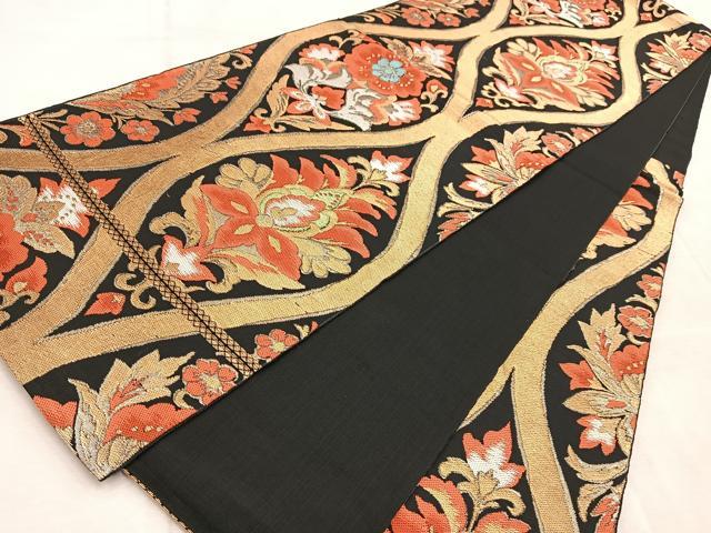 平和屋着物◎六通柄　本袋帯　唐織　立涌更紗花文　黒地　金銀糸　BAAV4636yc