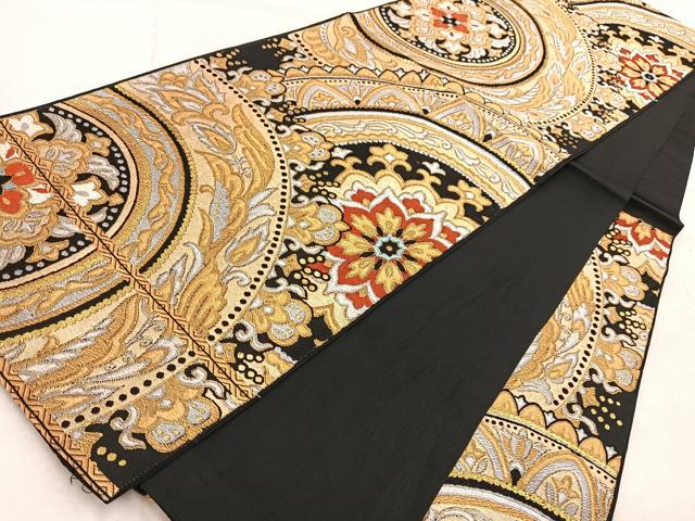 平和屋着物◎六通柄袋帯　唐織　正倉院花文　黒地　金銀糸　BAAV4638yc