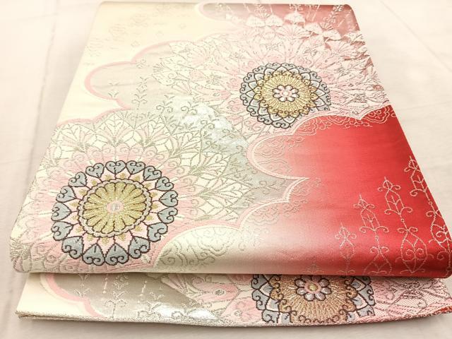平和屋着物◎六通柄袋帯 唐織 雲取り孔雀羽花文 金銀糸 正絹 逸品 BAAV4658yc