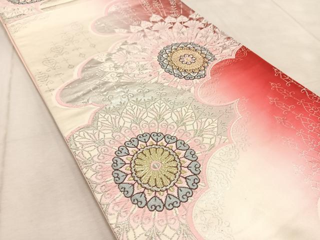平和屋着物◎六通柄袋帯 唐織 雲取り孔雀羽花文 金銀糸 正絹 逸品 BAAV4658yc
