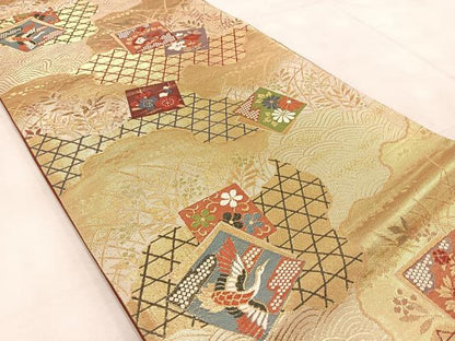 平和屋着物◎六通柄袋帯　唐織　吉祥色紙重ね花鳥文　金糸　正絹　逸品　BAAV4674yc