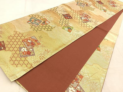 平和屋着物◎六通柄袋帯　唐織　吉祥色紙重ね花鳥文　金糸　正絹　逸品　BAAV4674yc