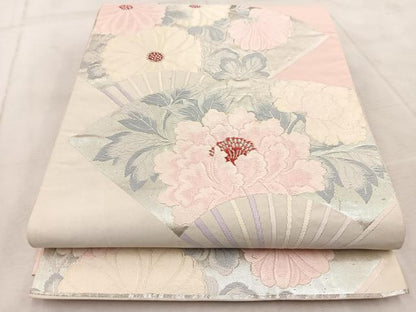平和屋着物◎六通柄袋帯　唐織　扇面花文　銀糸　正絹　逸品　BAAV4686yc
