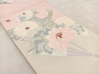 平和屋着物◎六通柄袋帯　唐織　扇面花文　銀糸　正絹　逸品　BAAV4686yc