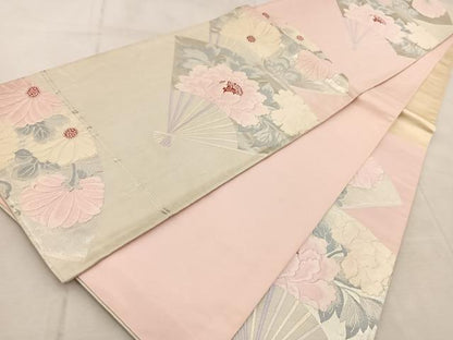 平和屋着物◎六通柄袋帯　唐織　扇面花文　銀糸　正絹　逸品　BAAV4686yc
