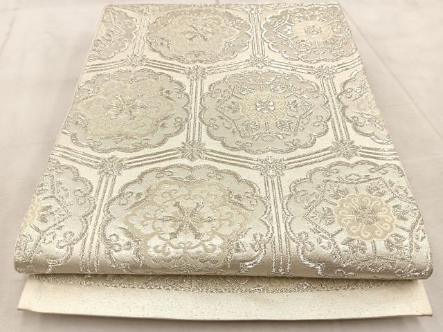 平和屋着物◎六通柄袋帯　亀甲花文　銀糸　正絹　逸品　BAAV4689yc