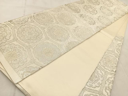 平和屋着物◎六通柄袋帯　亀甲花文　銀糸　正絹　逸品　BAAV4689yc