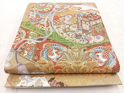 平和屋着物◎六通柄袋帯　唐織　御所車動物花文　金銀糸　正絹　逸品　BAAV4699yc