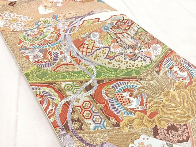 平和屋着物◎六通柄袋帯　唐織　御所車動物花文　金銀糸　正絹　逸品　BAAV4699yc