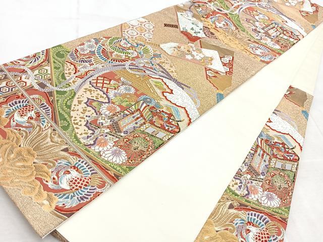 平和屋着物◎六通柄袋帯　唐織　御所車動物花文　金銀糸　正絹　逸品　BAAV4699yc