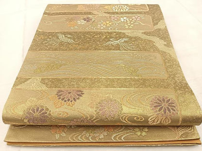 平和屋着物◎六通柄袋帯　流水花鳥文　金銀糸　正絹　逸品　BAAV4708yc