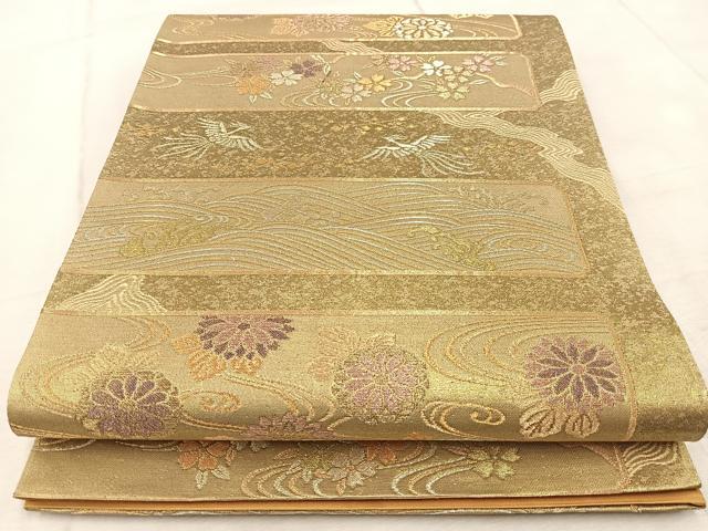 平和屋着物◎六通柄袋帯　流水花鳥文　金銀糸　正絹　逸品　BAAV4708yc