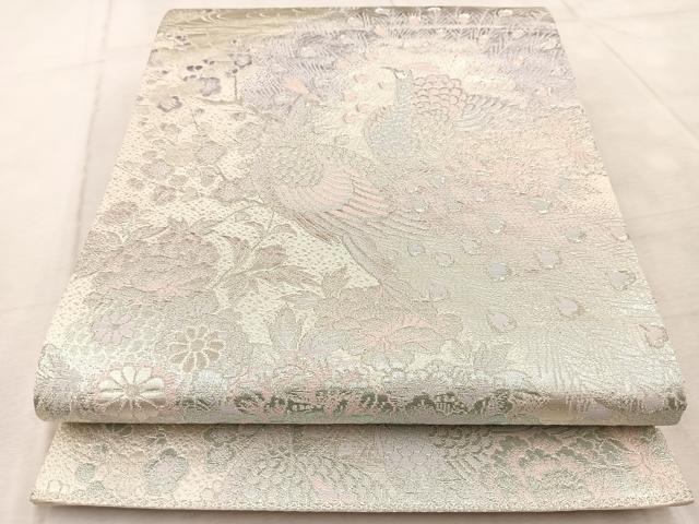 平和屋着物◎六通柄袋帯　流水孔雀花文　銀糸　正絹　逸品　BAAV4710yc
