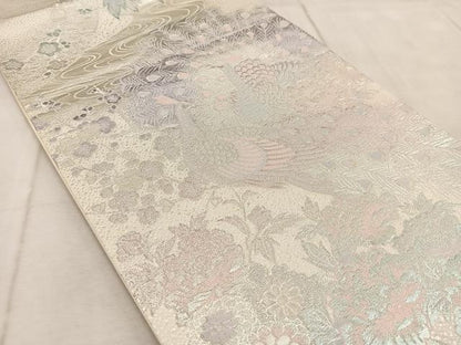平和屋着物◎六通柄袋帯　流水孔雀花文　銀糸　正絹　逸品　BAAV4710yc