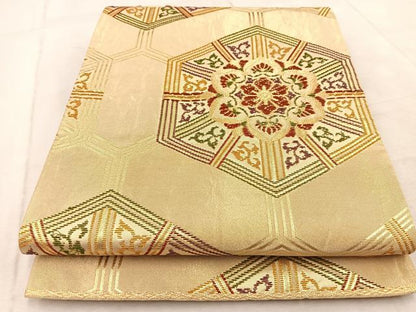 平和屋着物◎六通柄袋帯　亀甲花文　金糸　正絹　逸品　BAAV4711yc