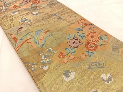 平和屋着物◎六通柄袋帯　唐織　雲取り花文　金糸　正絹　逸品　BAAV4713yc