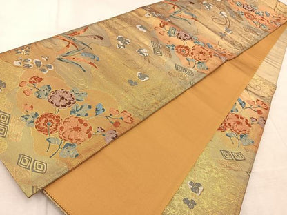 平和屋着物◎六通柄袋帯　唐織　雲取り花文　金糸　正絹　逸品　BAAV4713yc