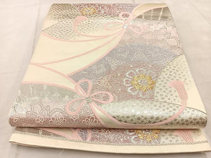 平和屋着物◎六通柄袋帯　唐織　結び紐花文　金銀糸　正絹　逸品　BAAV4732yc