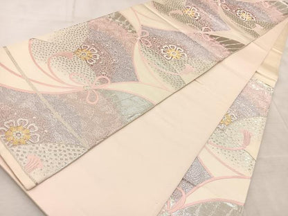 平和屋着物◎六通柄袋帯　唐織　結び紐花文　金銀糸　正絹　逸品　BAAV4732yc