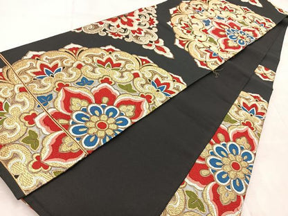 平和屋着物◎六通柄袋帯　唐織　正倉院花文　黒地　金銀糸　正絹　逸品　BAAV4734yc